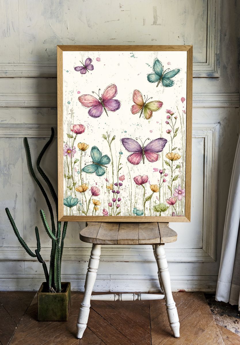 Butterfly Meadow Watercolor Print. room preview