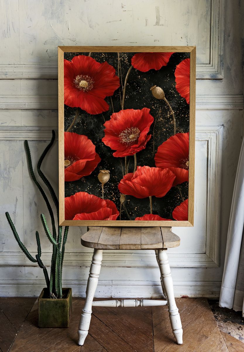 Red Poppy Bloom Botanical Print. — room view 1