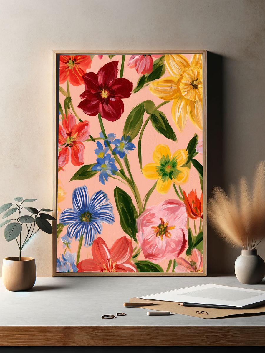 Colorful Floral Bouquet Illustration Poster. — room view 2