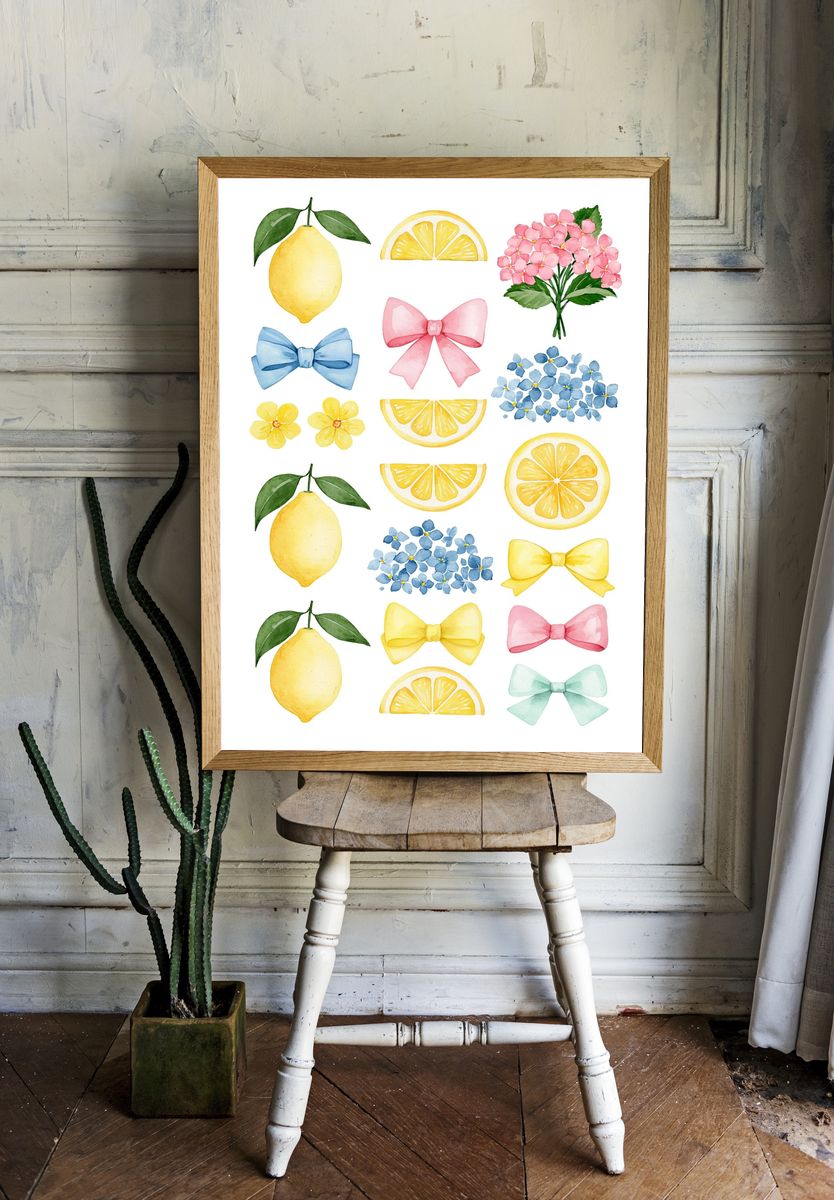 Lemon and Bow Watercolor Print. room preview