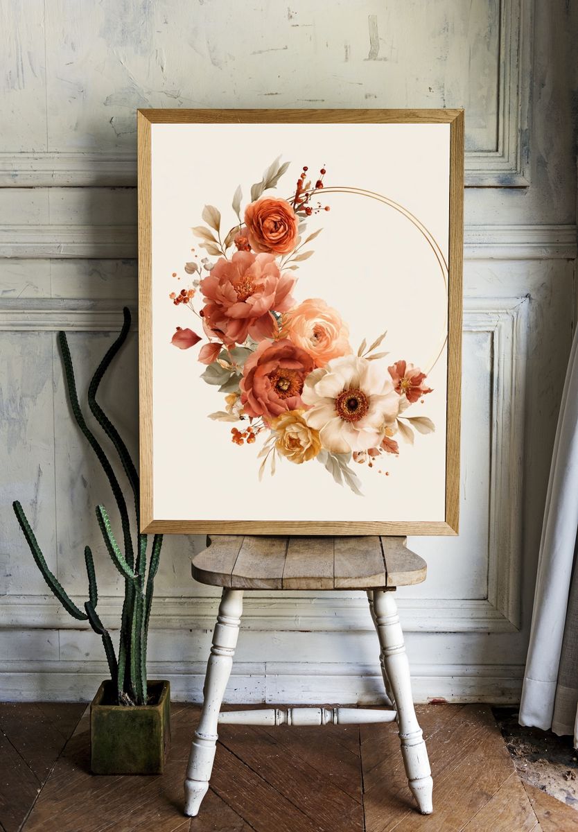 Peach Floral Wreath Print. — room view 1