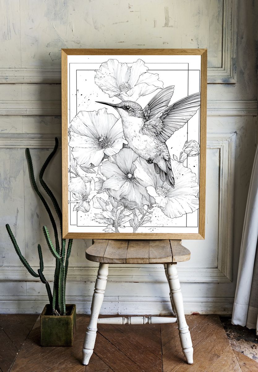 Hummingbird and Hibiscus Botanical Print. — room view 1