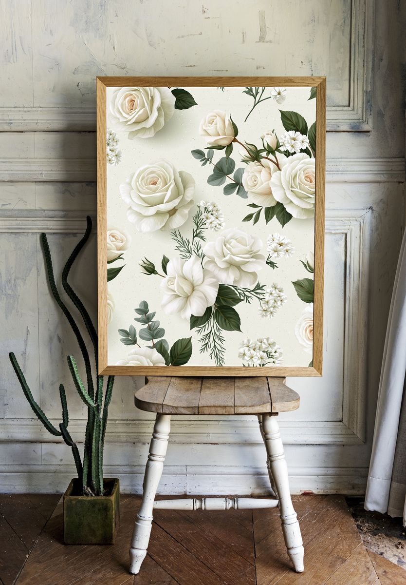 White Roses Botanical Print. — room view 1