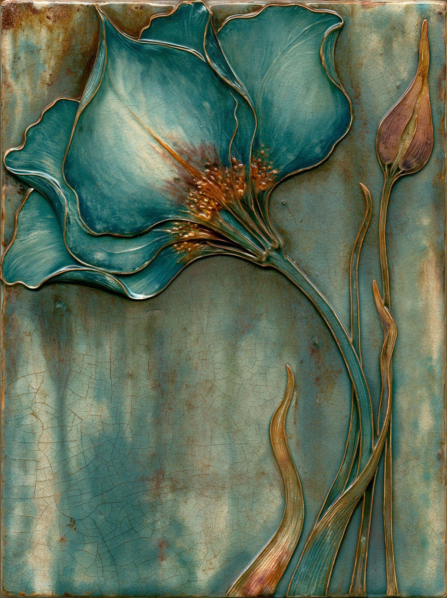 Teal Floral Relief Poster. poster — botanical art