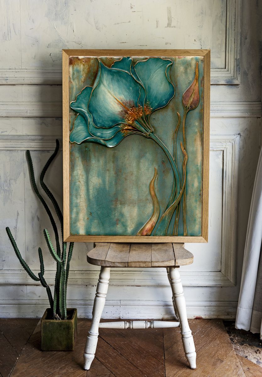 Teal Floral Relief Poster. — room view 1