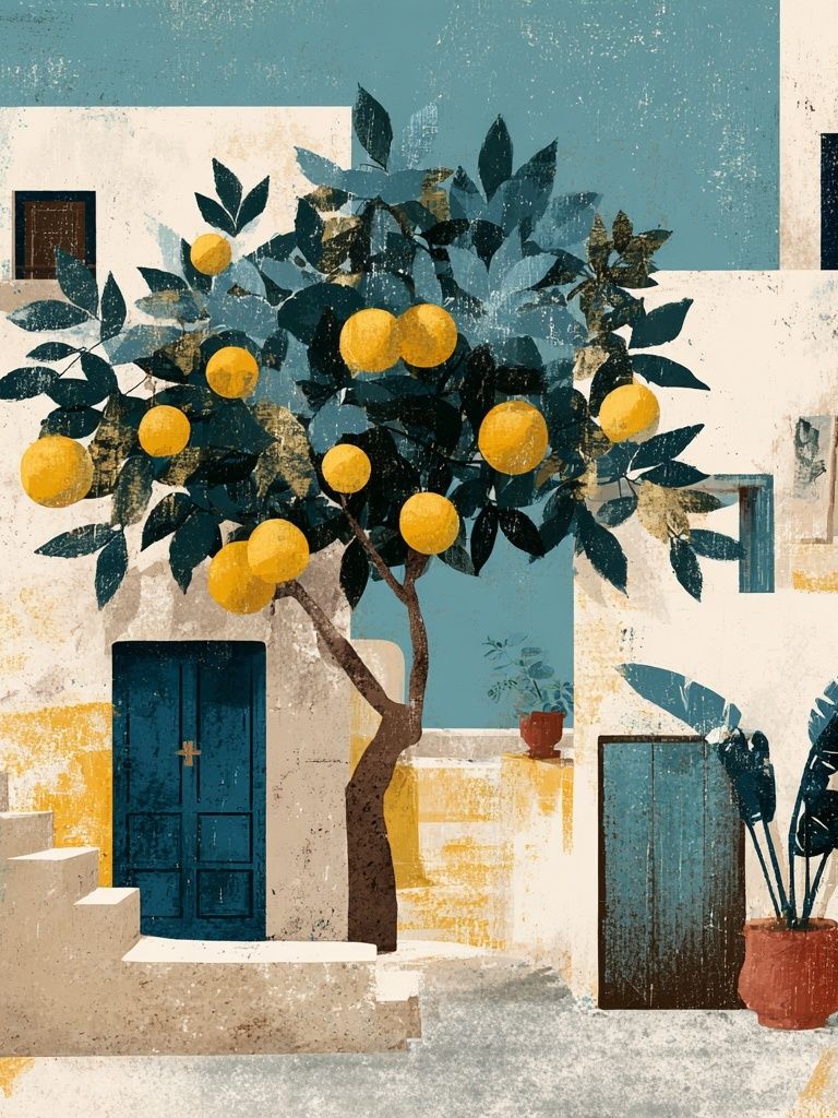 Mediterranean Lemon Courtyard Print. poster — botanical art