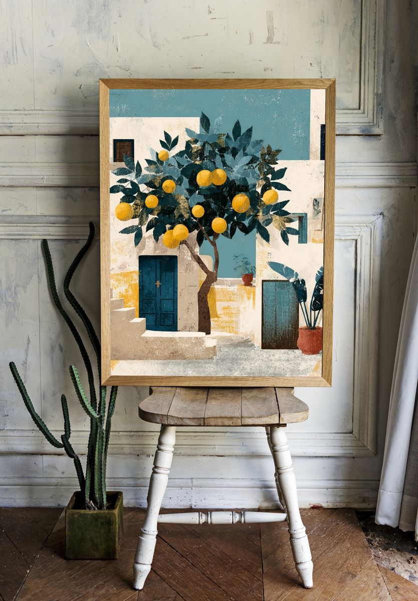 Mediterranean Lemon Courtyard Print. room preview