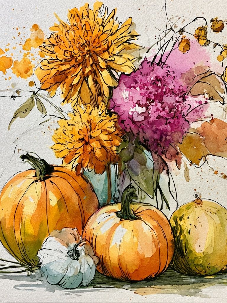 Autumn Pumpkins and Flowers Watercolor Poster. poster — botanical art
