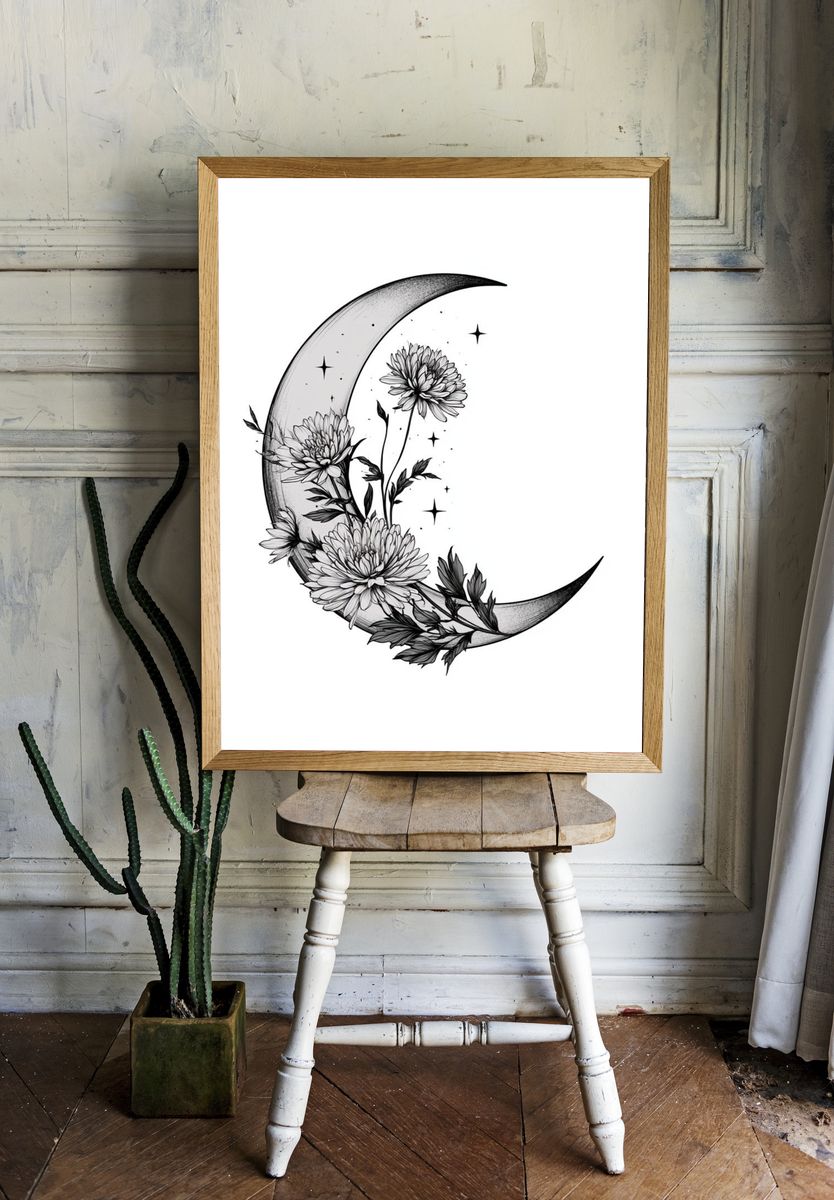 Moonflower Crescent Botanical Print. room preview