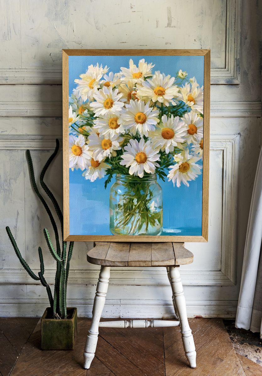 Daisy Bouquet in Blue Vase Poster. — room view 1