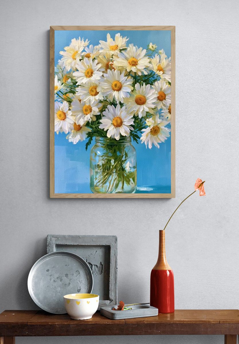 Daisy Bouquet in Blue Vase Poster. — room view 3