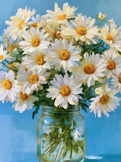 Daisy Bouquet in Blue Vase Poster. poster