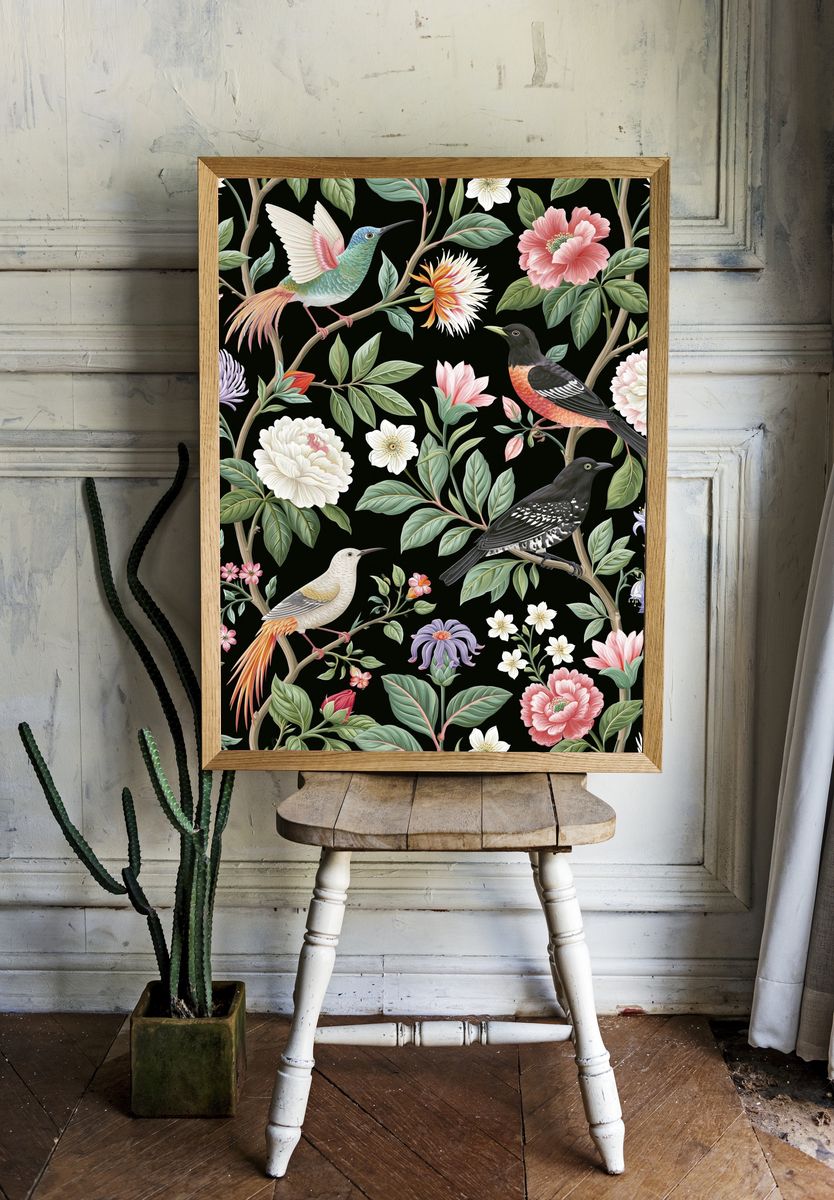 Birds and Blooms Botanical Print. — room view 1
