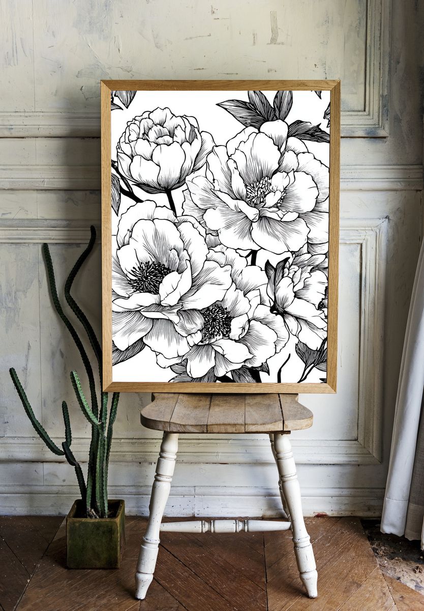 Peony Bloom Line Art Poster. room preview