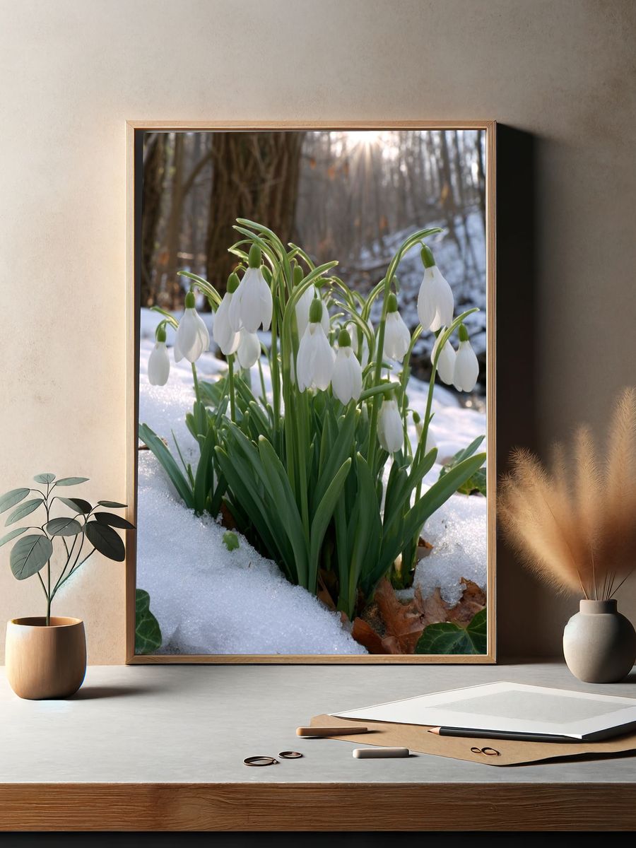 Snowdrop Blooms in Winter Forest Poster. — room view 2