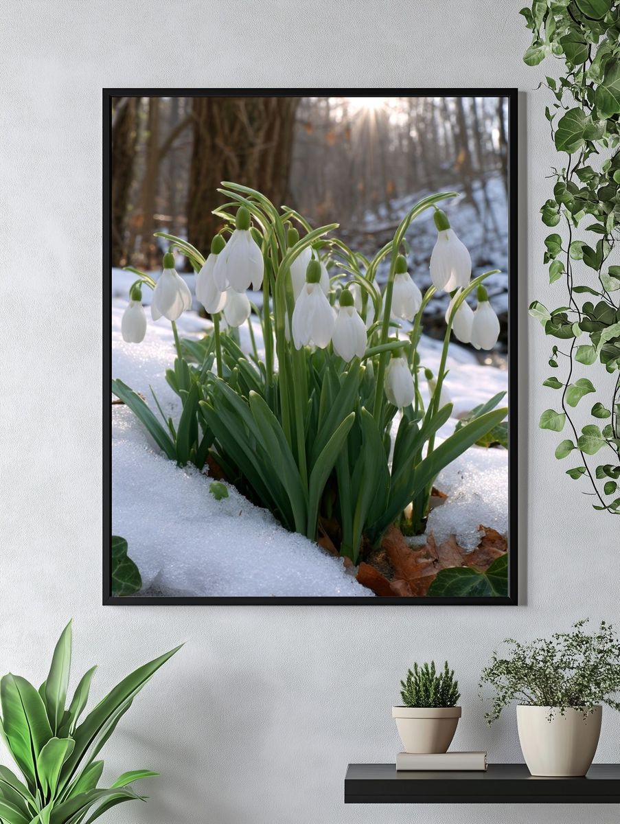 Snowdrop Blooms in Winter Forest Poster. — room view 4