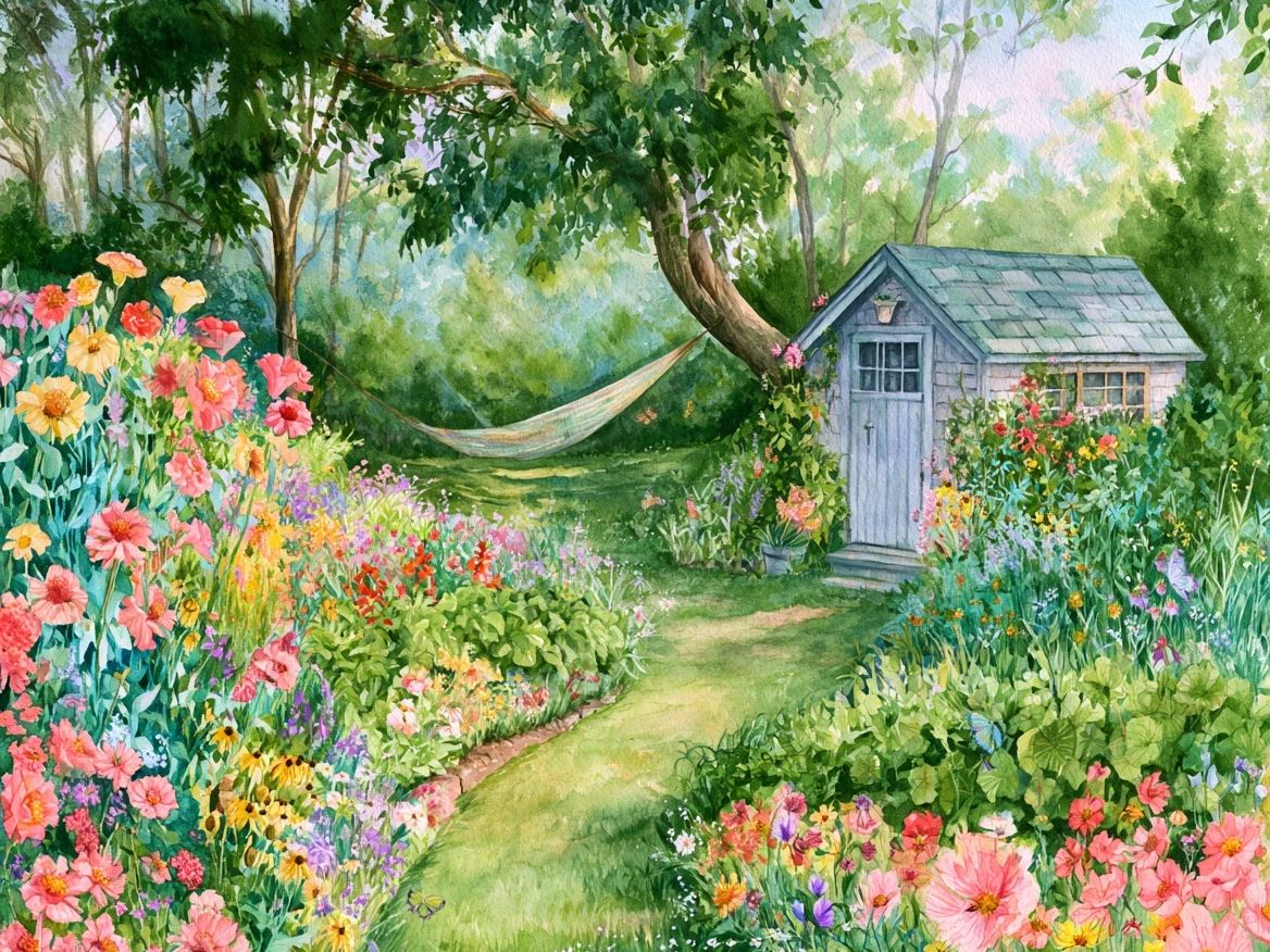 Cottage Garden Watercolor Print. poster detail
