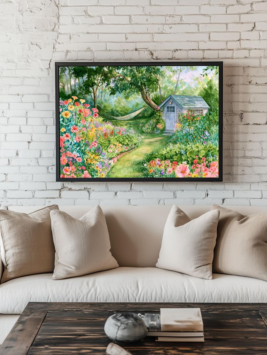 Cottage Garden Watercolor Print. — room view 1