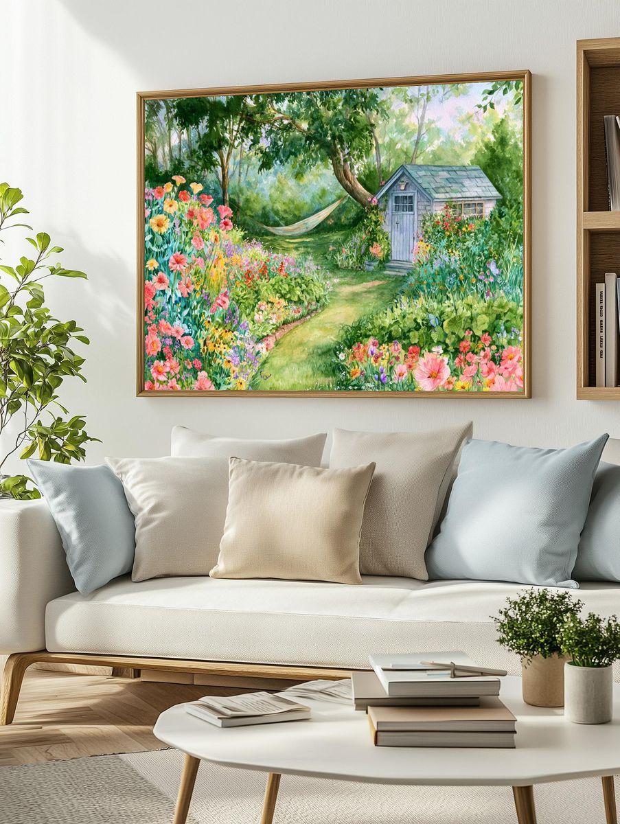 Cottage Garden Watercolor Print. — room view 2