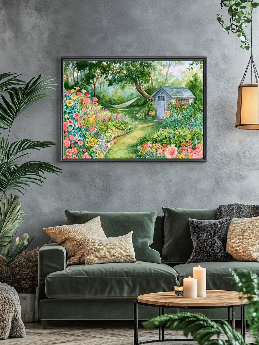 Cottage Garden Watercolor Print. — room view 4