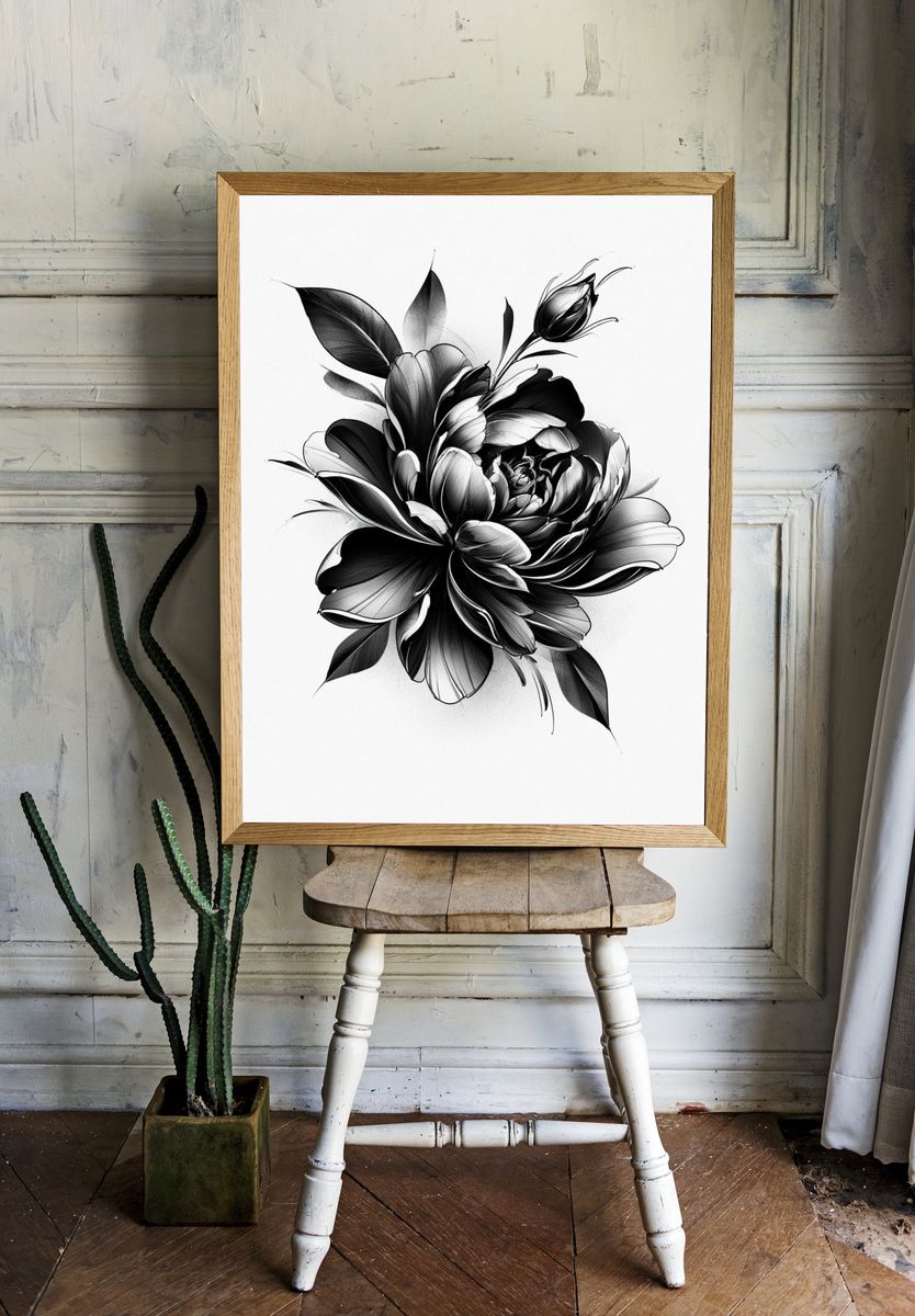 Monochrome Floral Bloom Print. — room view 1
