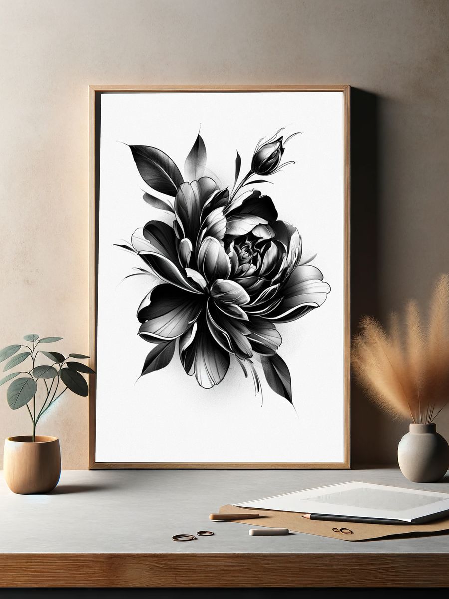 Monochrome Floral Bloom Print. — room view 2