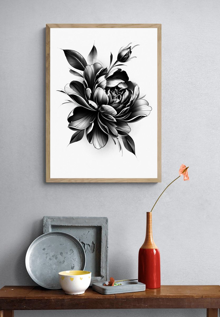 Monochrome Floral Bloom Print. — room view 3