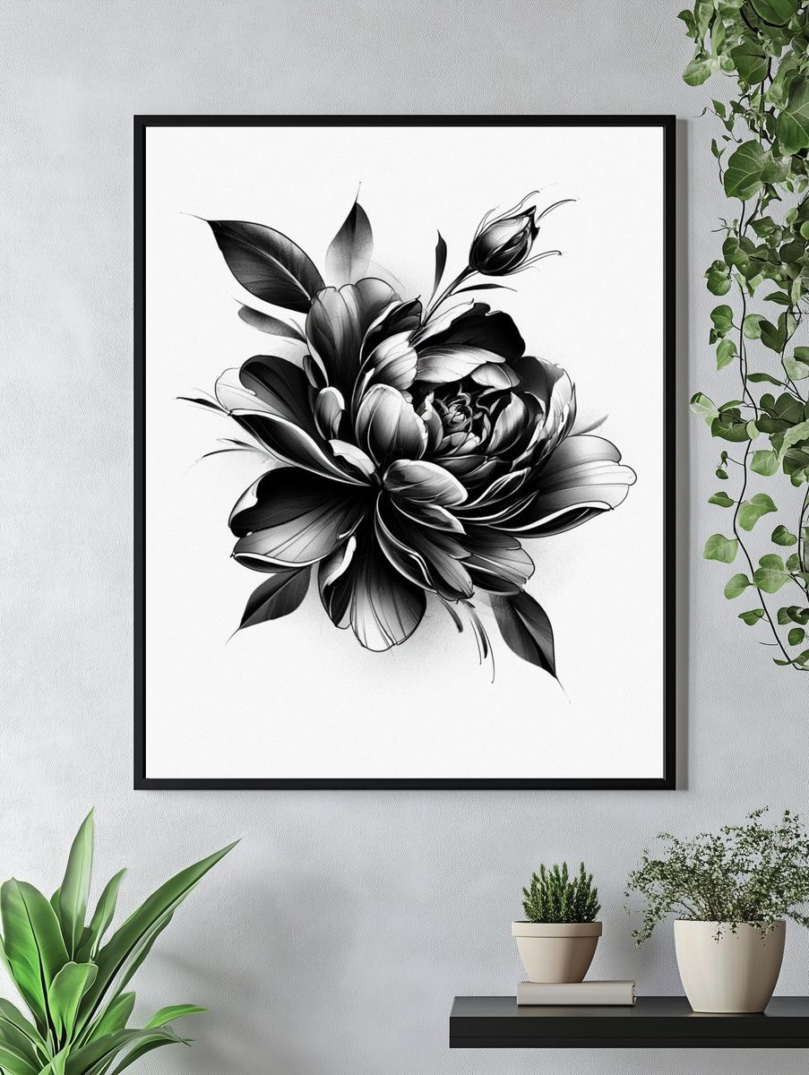 Monochrome Floral Bloom Print. — room view 4