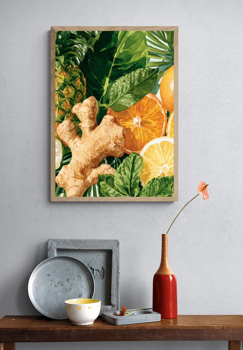 Tropical Citrus and Ginger Watercolor Print. — room view 3