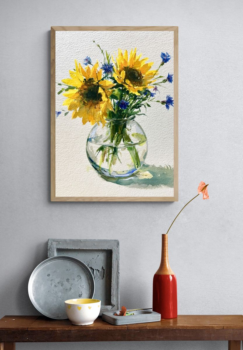 Sunflowers in Vase Watercolor Print. — room view 3