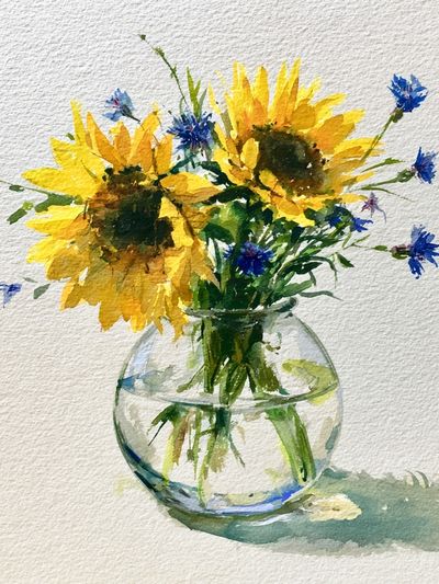 Sunflowers in Vase Watercolor Print.