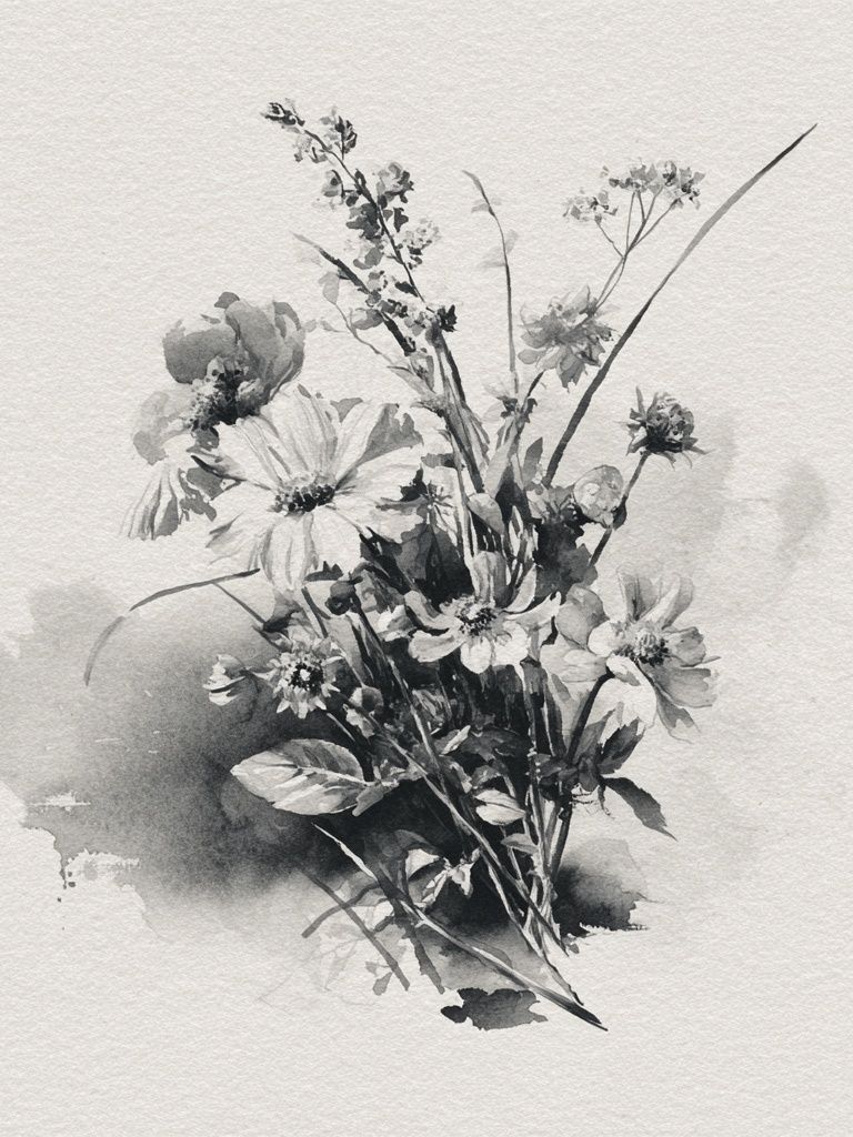Monochrome Wildflower Bouquet Print. poster detail