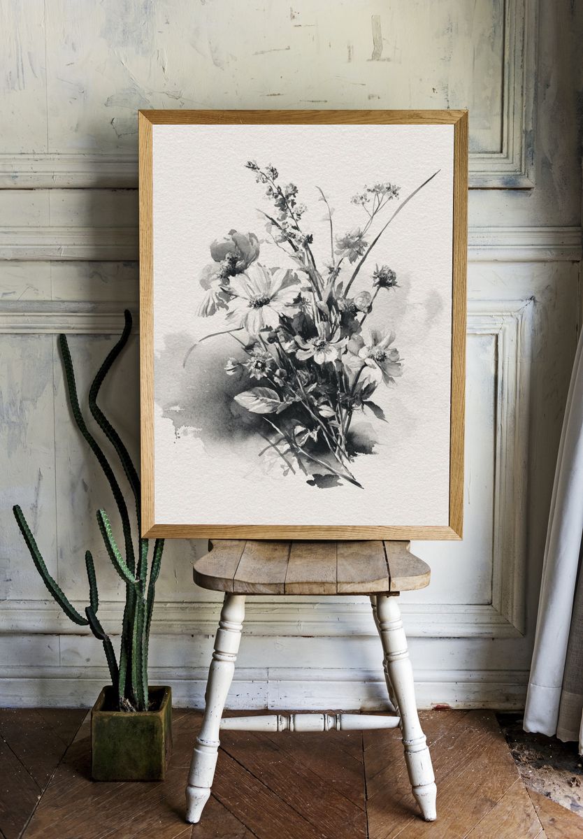 Monochrome Wildflower Bouquet Print room preview