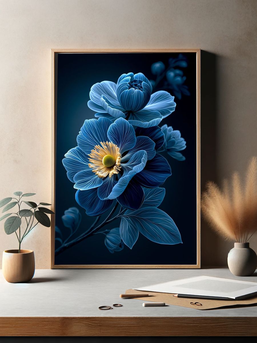 Blue Floral Bloom Poster. — room view 2