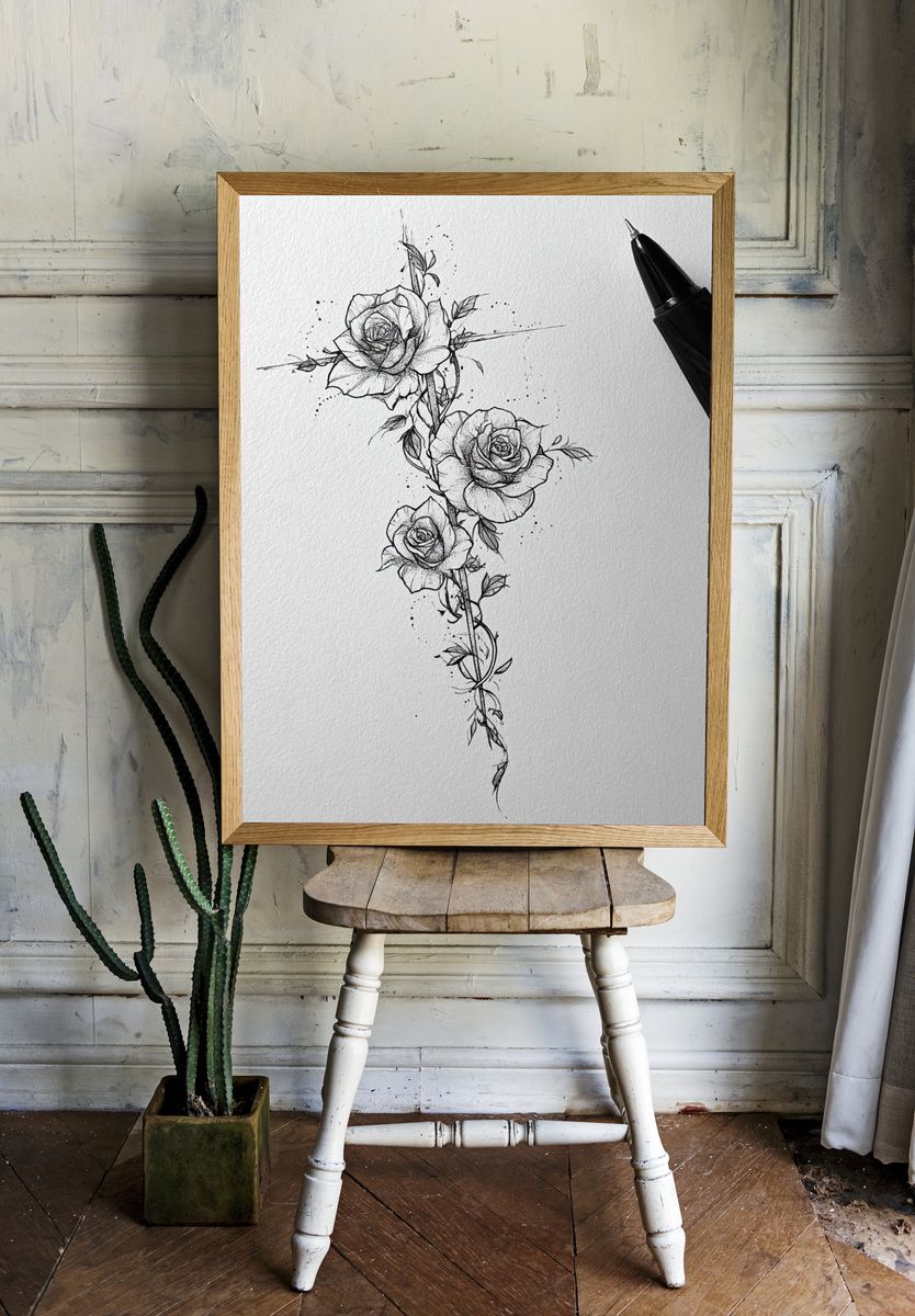 Rose Vine Line Art Poster. — room view 1