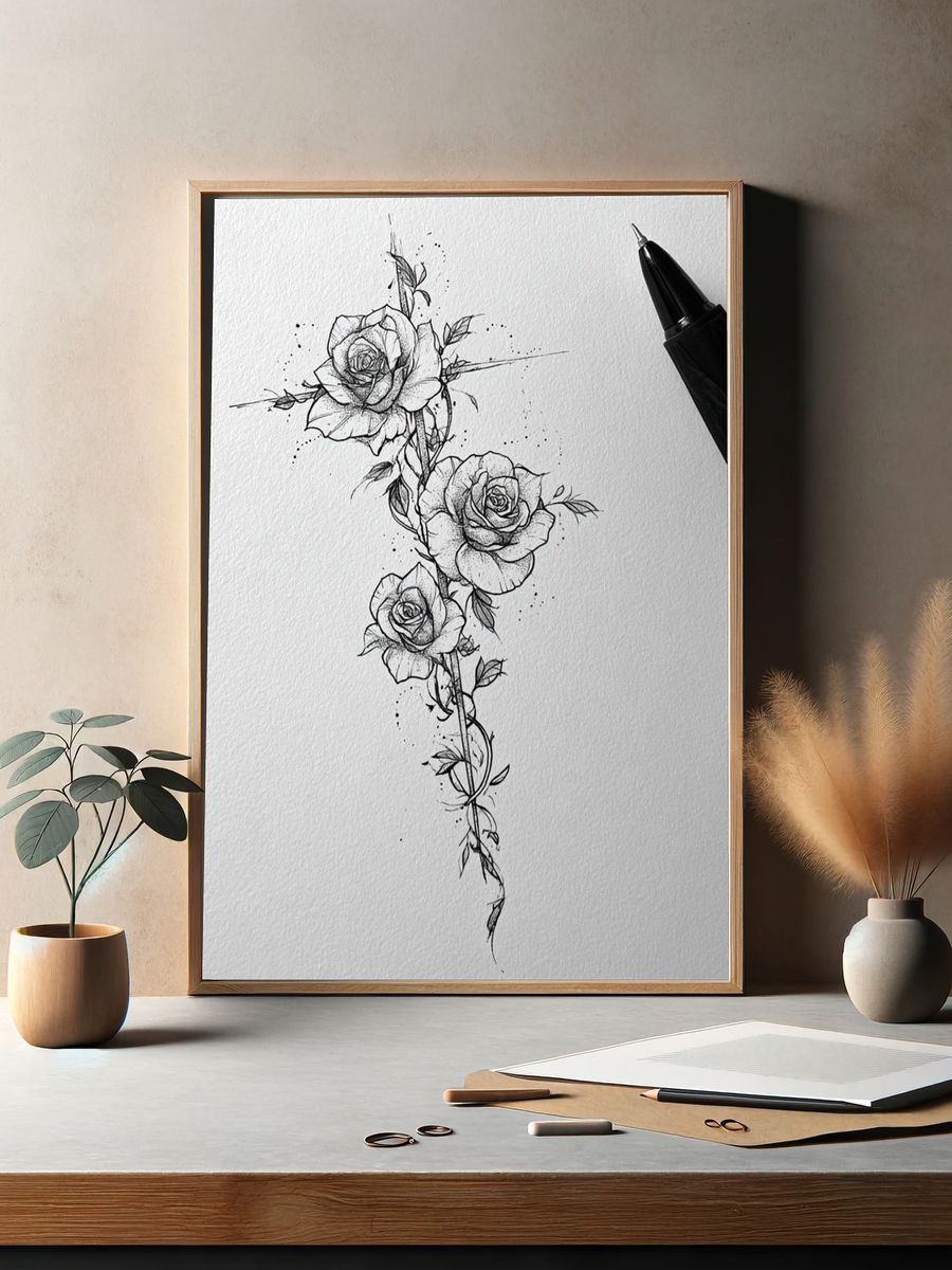 Rose Vine Line Art Poster. — room view 2