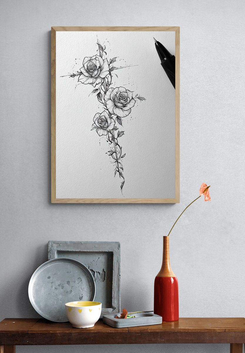 Rose Vine Line Art Poster. — room view 3
