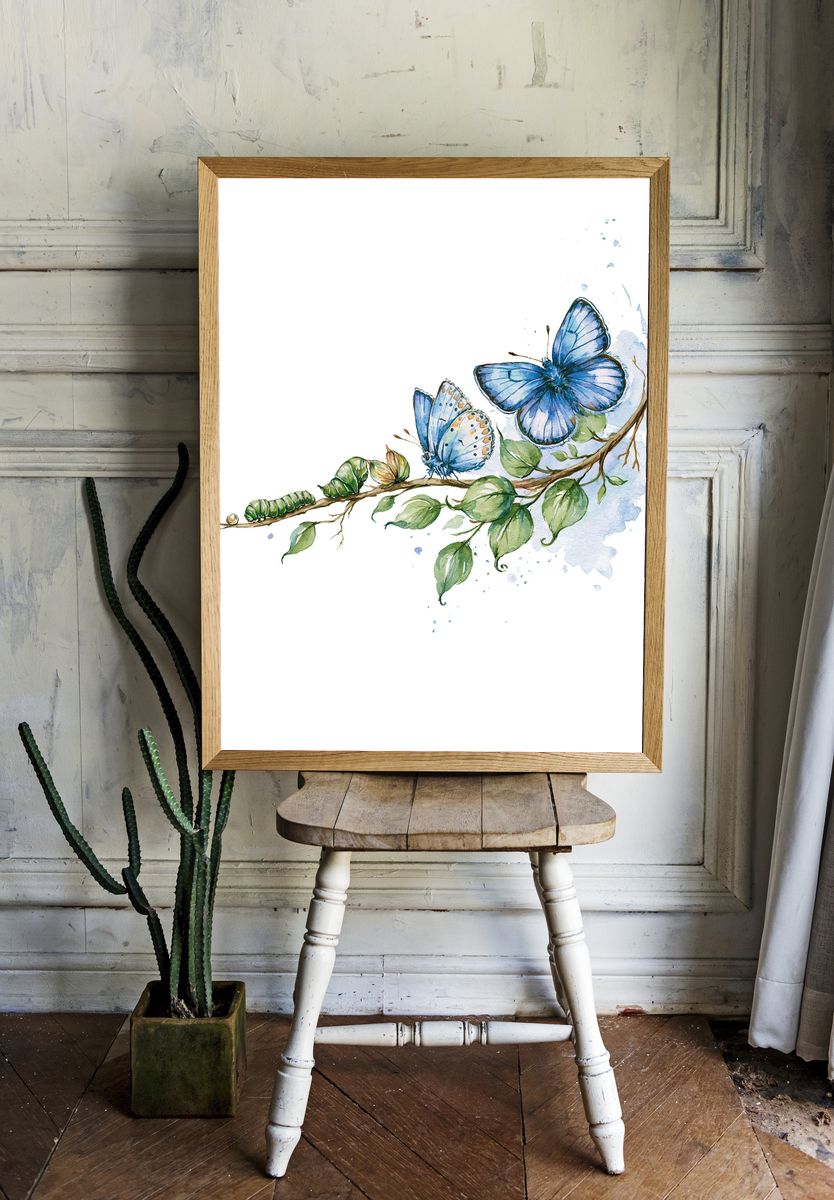 Blue Butterfly Branch Watercolor Print. — room view 1