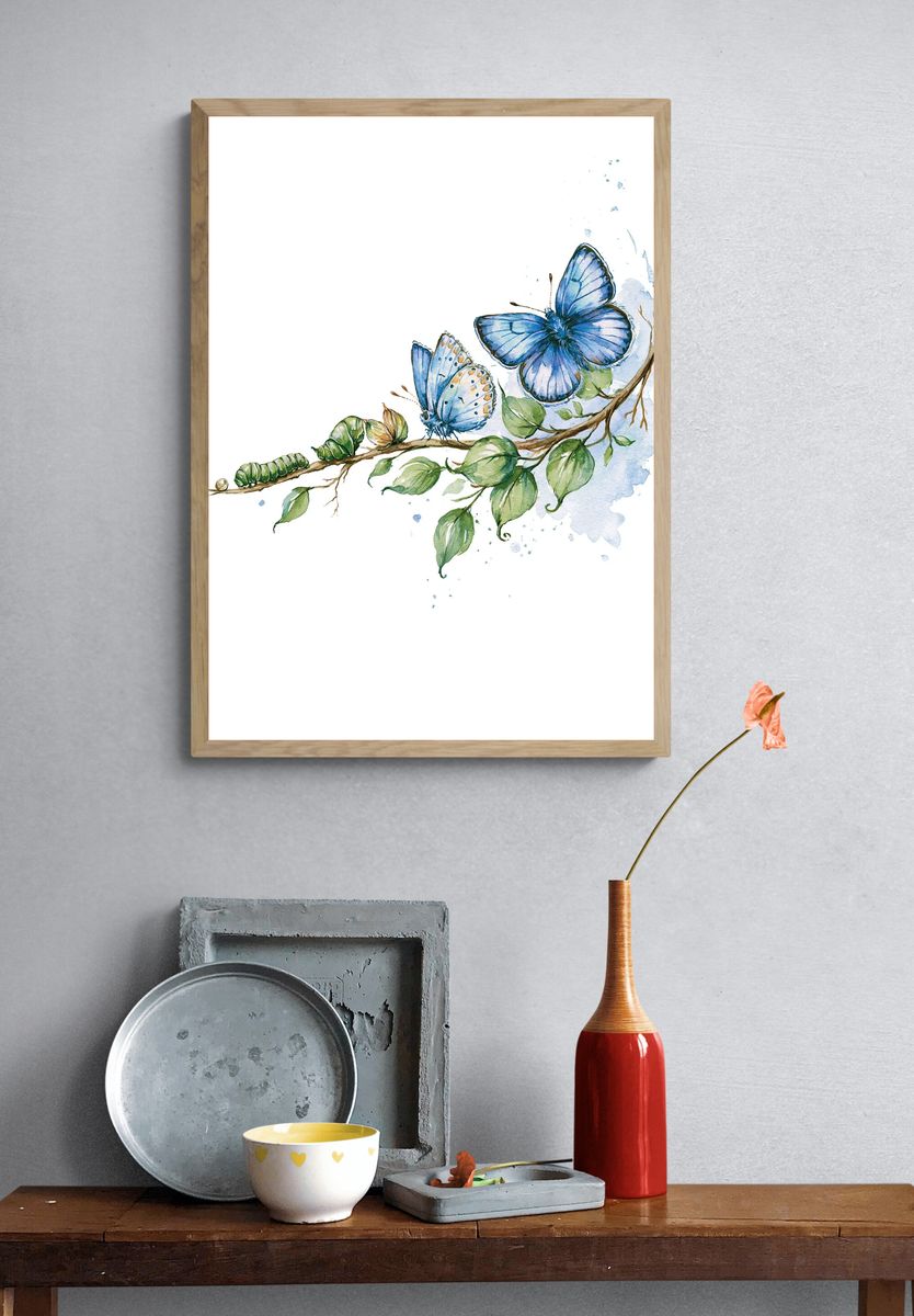 Blue Butterfly Branch Watercolor Print. — room view 3