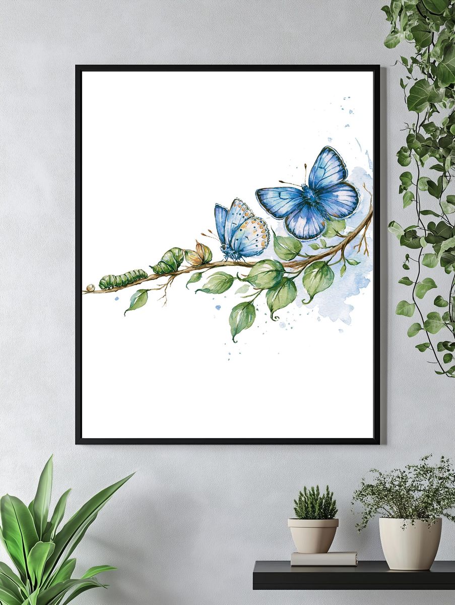 Blue Butterfly Branch Watercolor Print. — room view 4