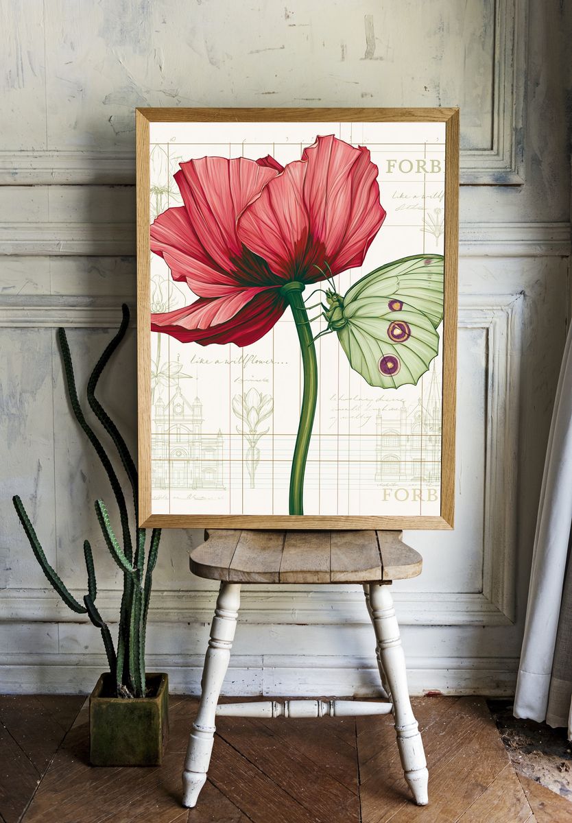 Pink Poppy and Moth Botanical Print. — room view 1