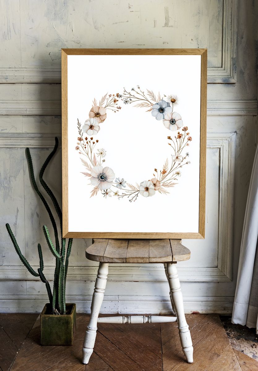 Boho Floral Wreath Print. room preview