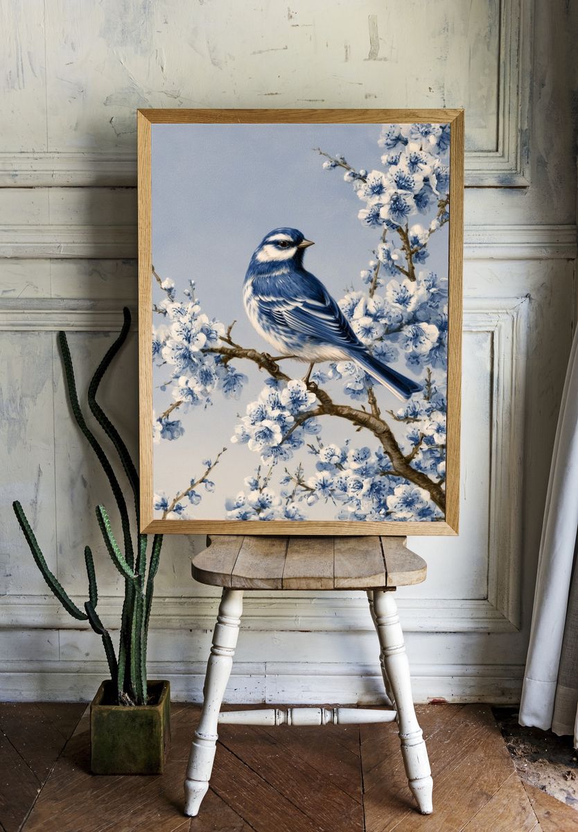 Bluebird Blossom Illustration Poster. — room view 1