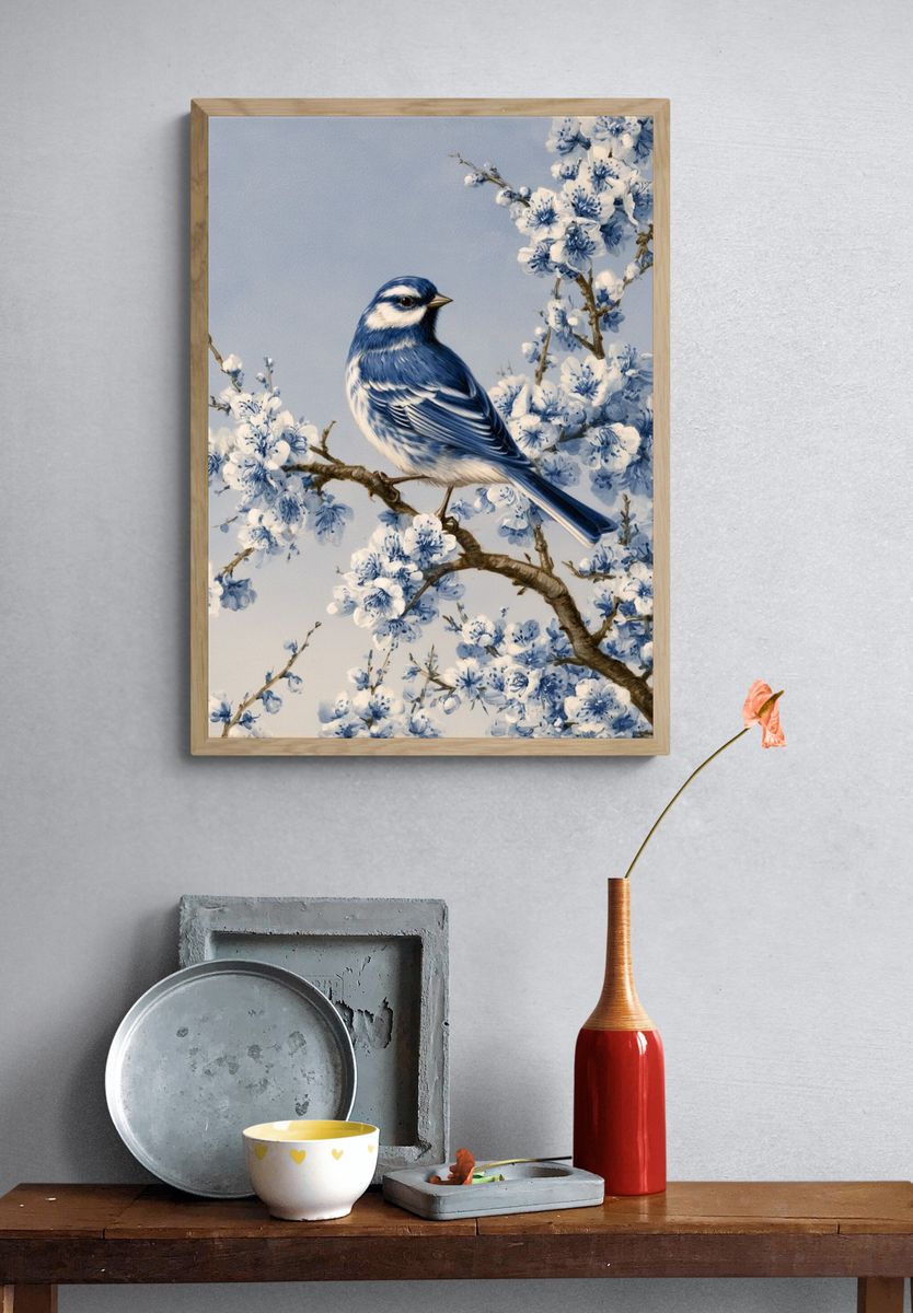 Bluebird Blossom Illustration Poster. — room view 3