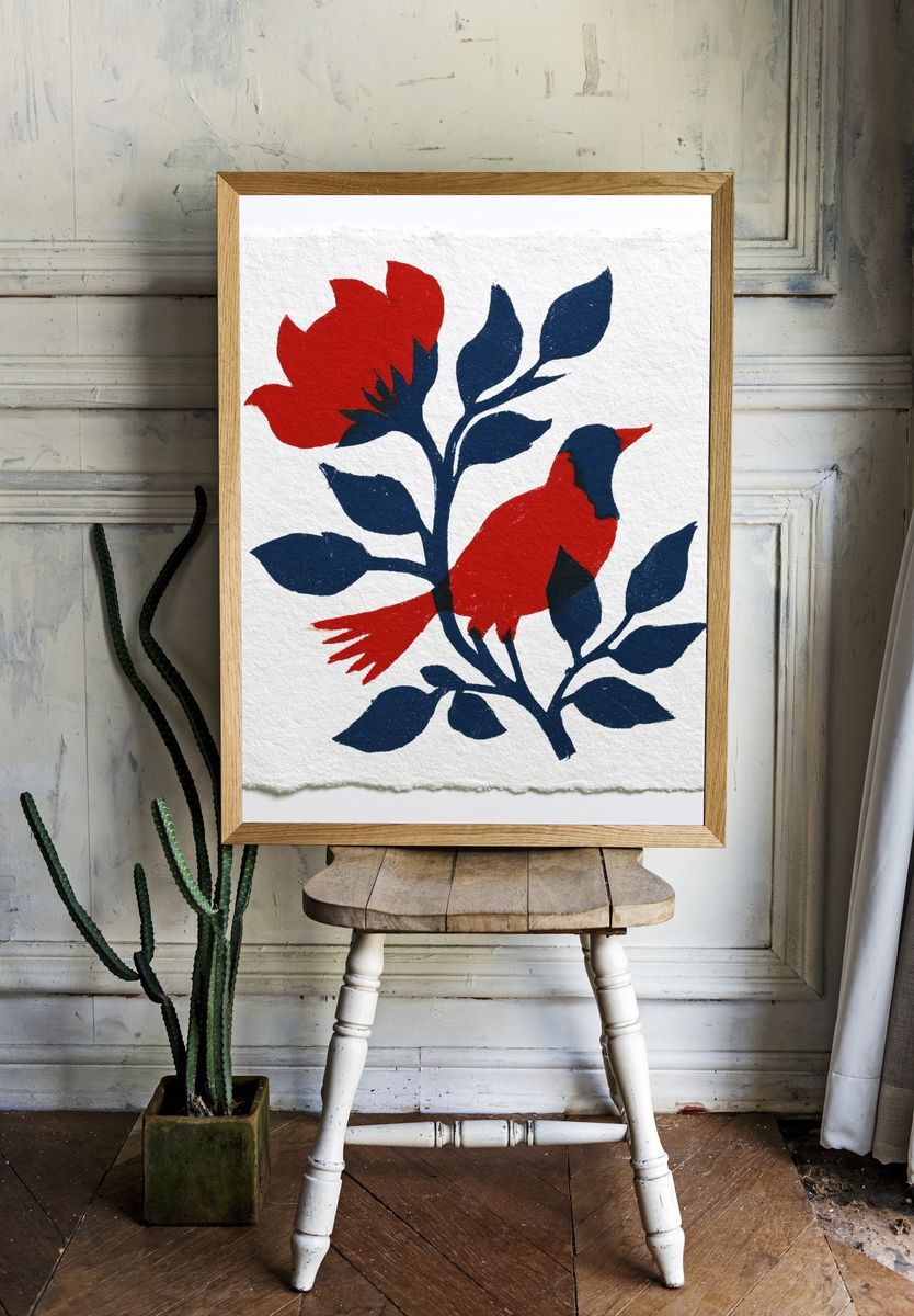 Red Floral Silhouette Illustration Poster. — room view 1