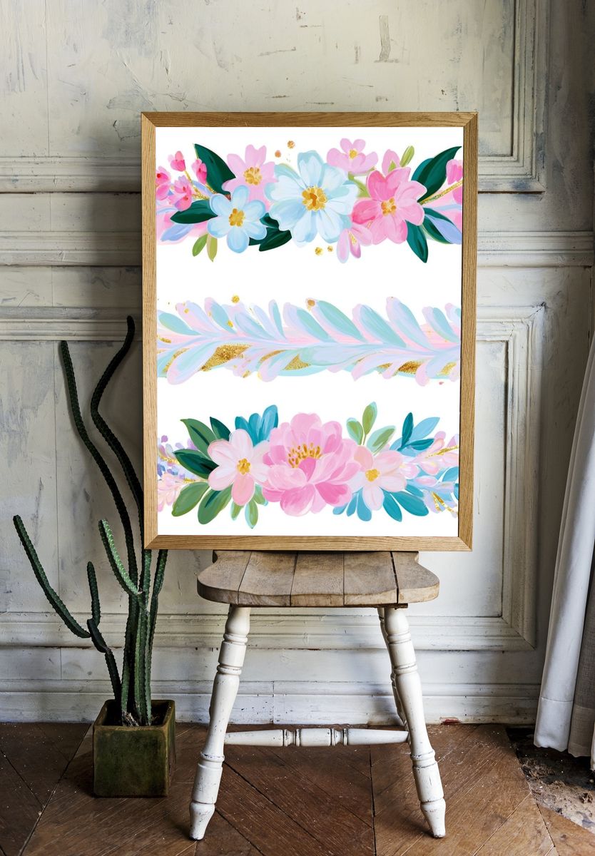 Pastel Floral Garland Illustration Poster. — room view 1