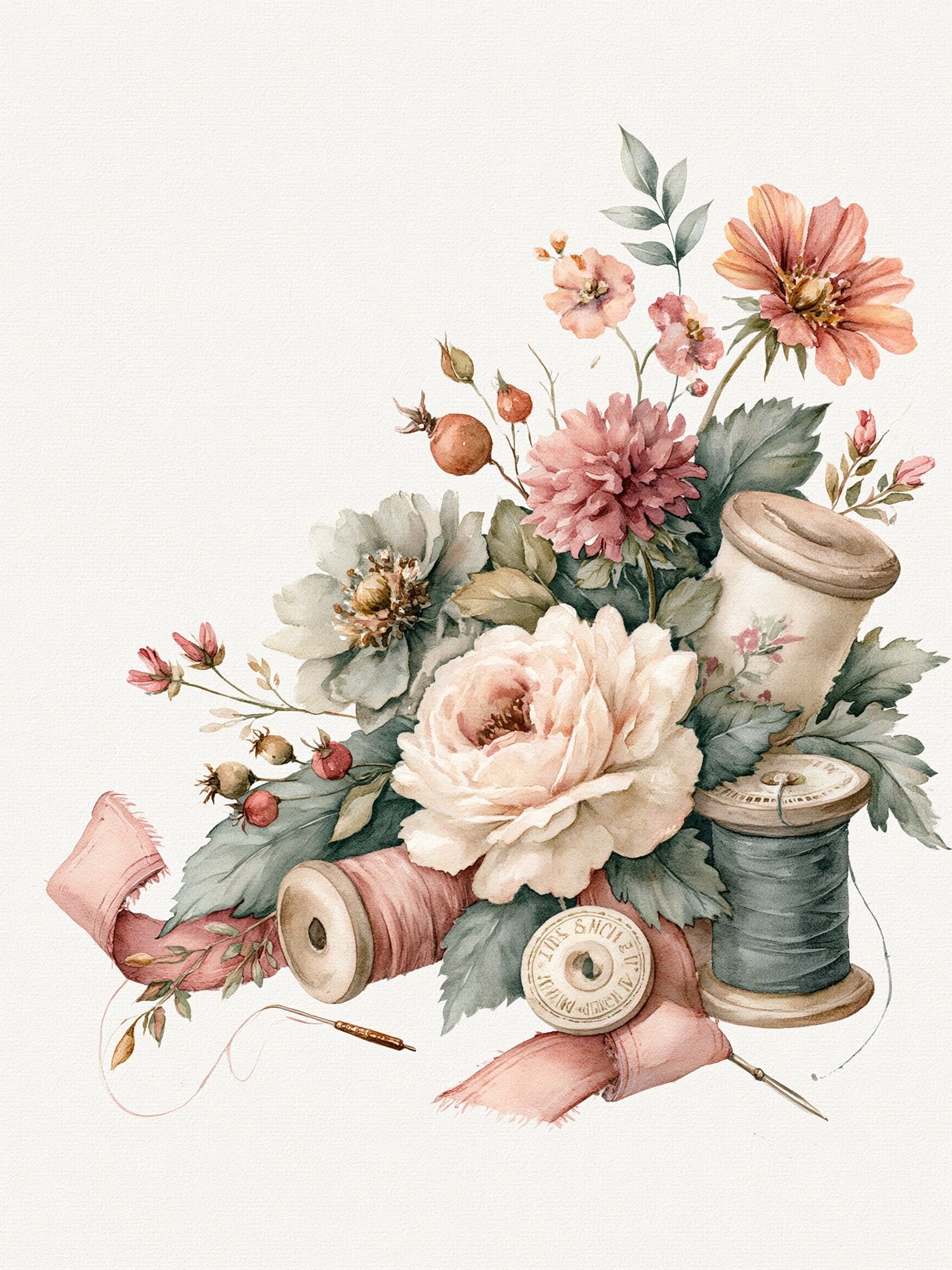 Floral Sewing Still Life Watercolor Print. poster — botanical art