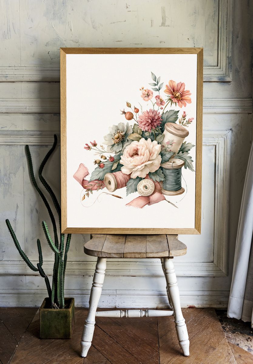Floral Sewing Still Life Watercolor Print. — room view 1