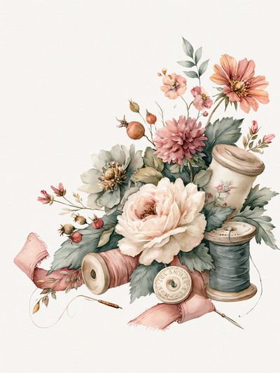 Floral Sewing Still Life Watercolor Print. poster