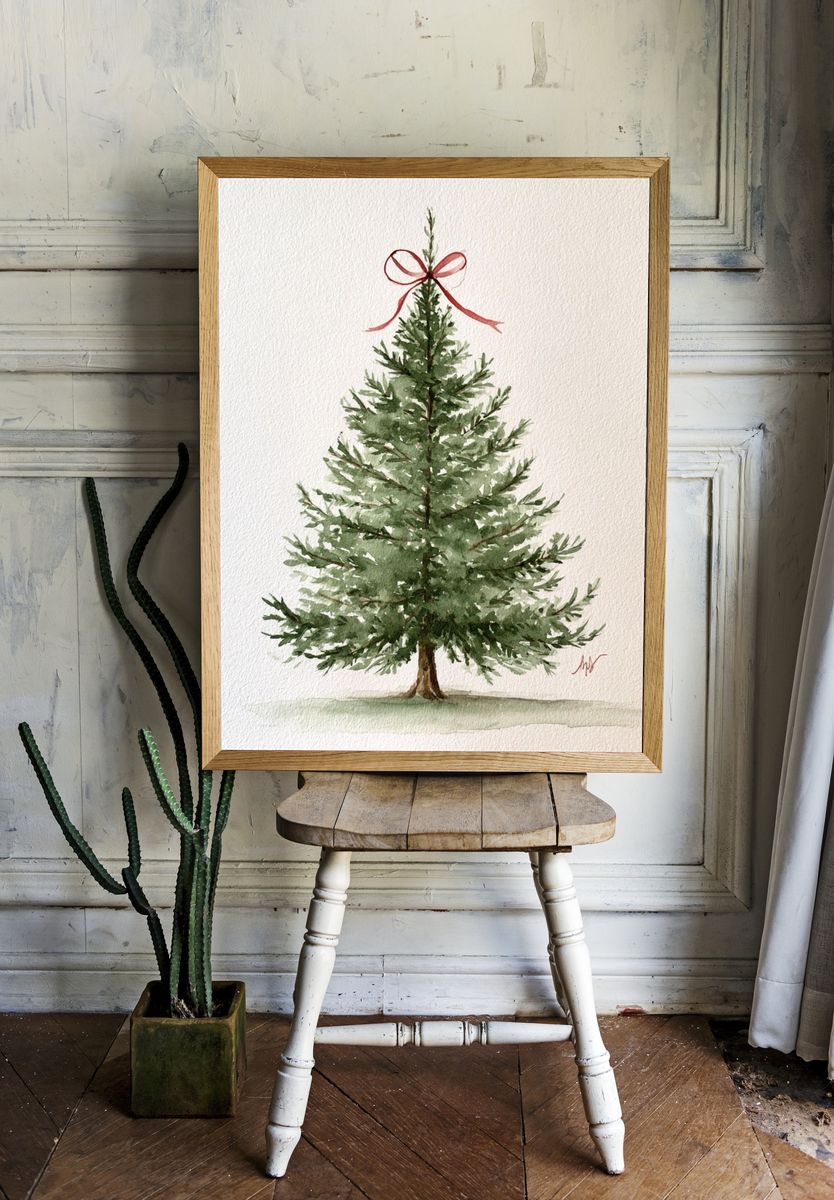 Watercolor Christmas Tree Print. room preview